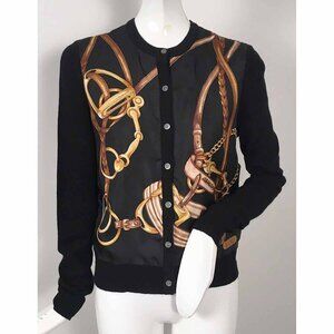 NEW Polo Ralph Lauren Cardigan Sweater! P Black Silk & Cashmere Equestrian Print